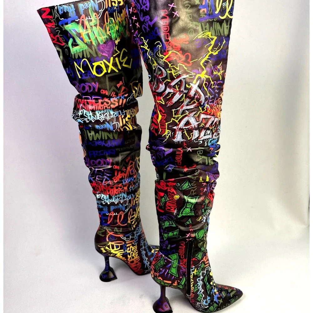 Revive Graf Multicolor Graffiti Print Over The Knee Flared Heel Boots woman  6.5